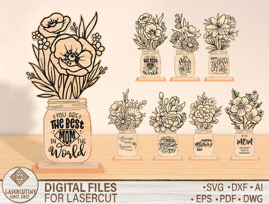 Mom Floral Vase Sign SVG Bundle Mother's Day for Glowforge and xTool