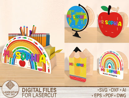 Personalized Teacher Pen Holder SVG Bundle Laser Cut File for Glowforge and xTool