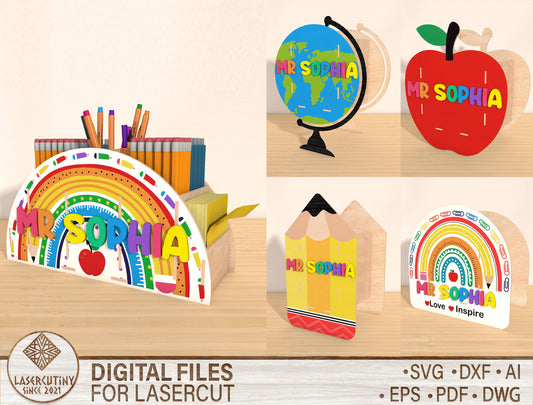 Personalized Teacher Pen Holder SVG Bundle Laser Cut File for Glowforge and xTool