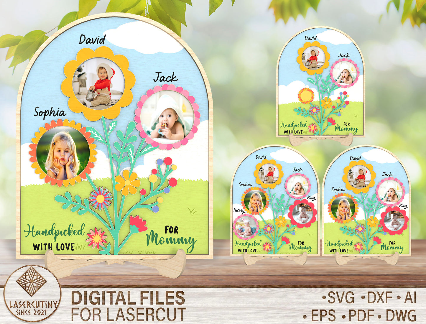 Personalized Mom Photo Frame SVG Flower Tree Kids for Glowforge and xTool