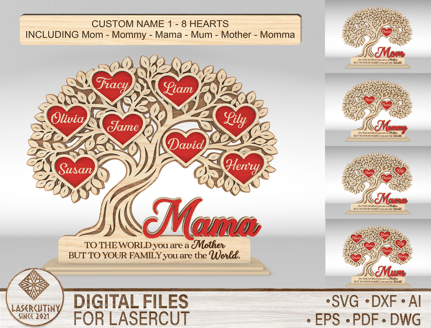 Custom Name Heart Tree Mom Sign SVG Multiple Titles for Glowforge
