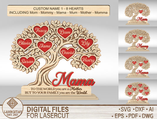 Custom Name Heart Tree Mom Sign SVG Multiple Titles for Glowforge