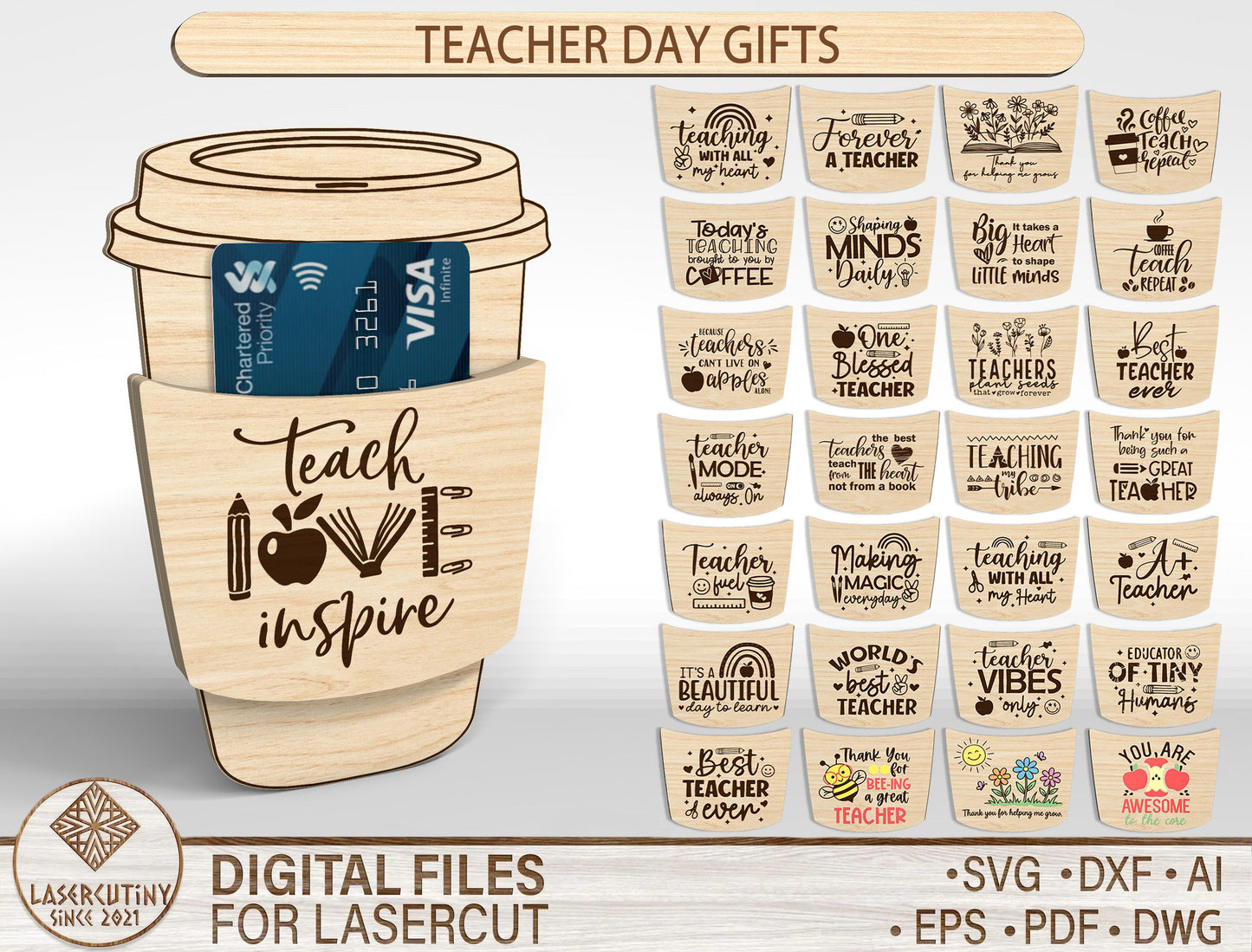 Teacher Coffee Cup Gift Card Holder SVG Bundle for Glowforge and xTool