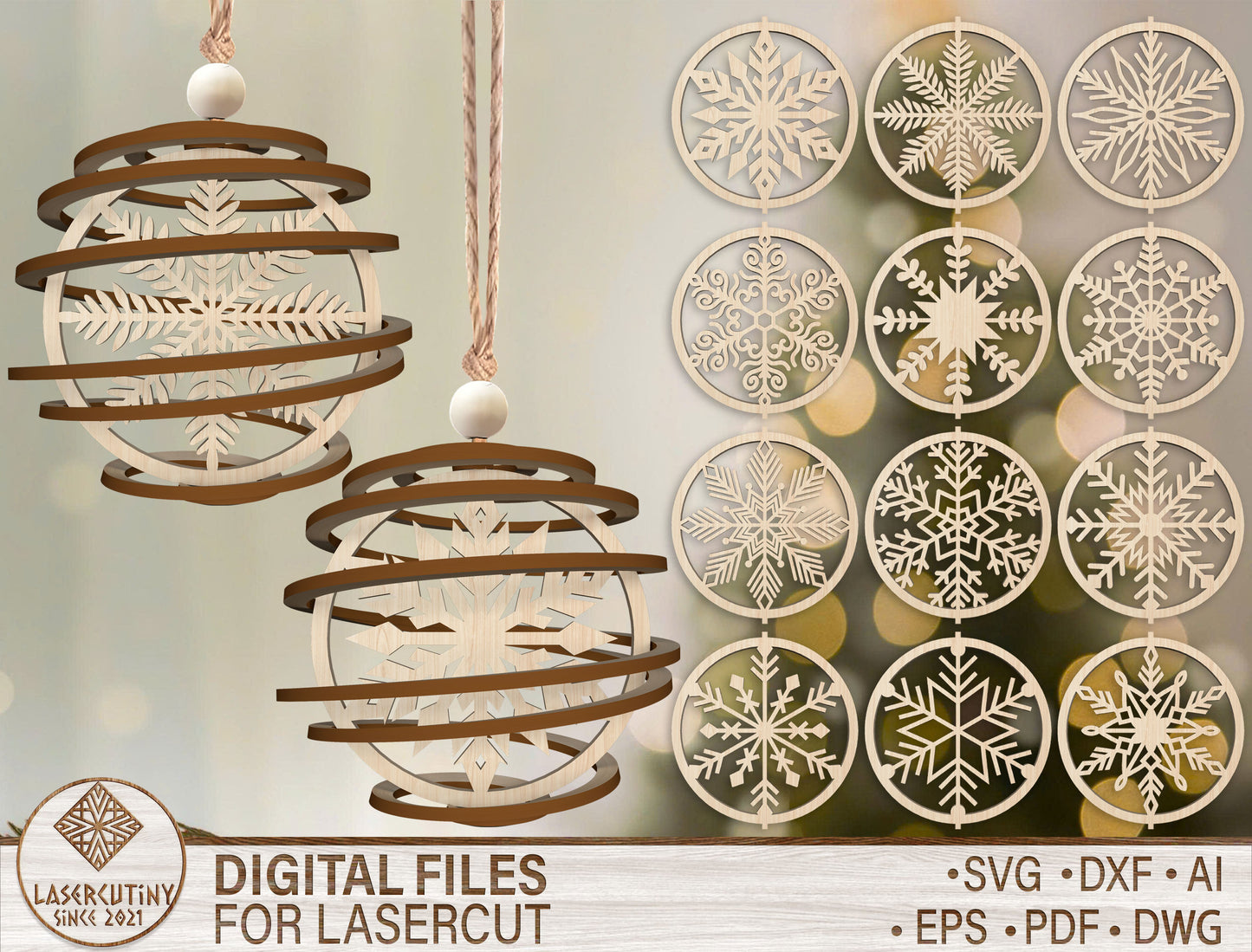 Christmas Snowflake Spiral Ornament Laser Cut File | Ready to Cut | Glowforge, xTool, LightBurn, etc.