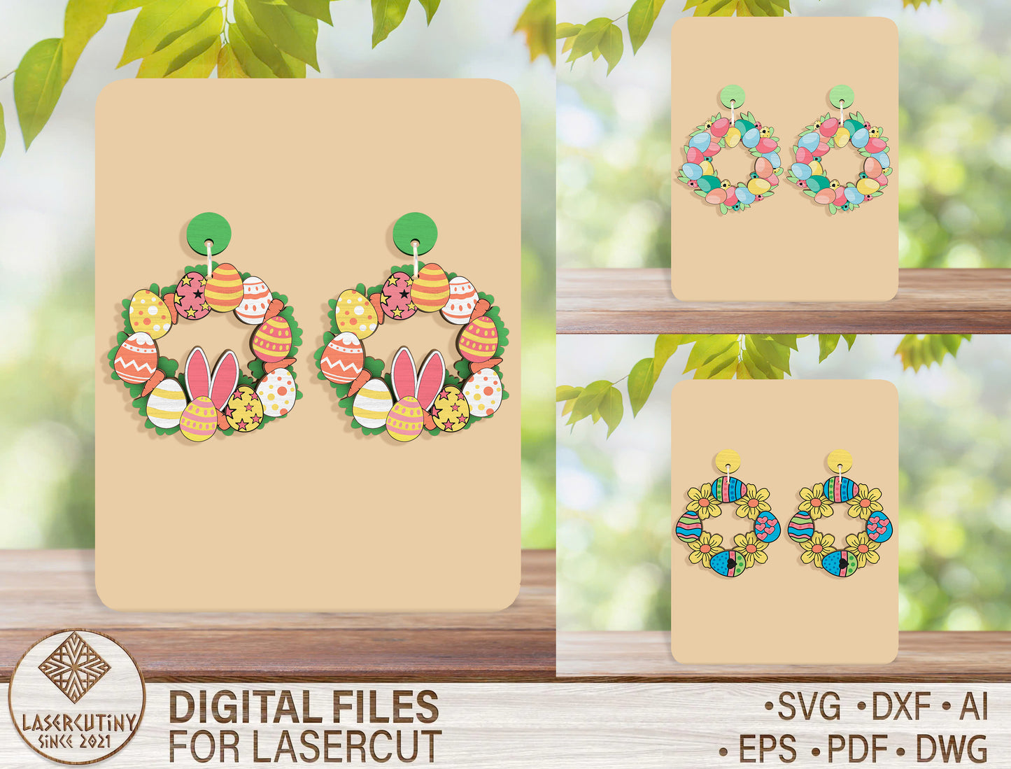 Easter Egg Wreath Earrings SVG Bundle Bunny Floral for Glowforge and xTool