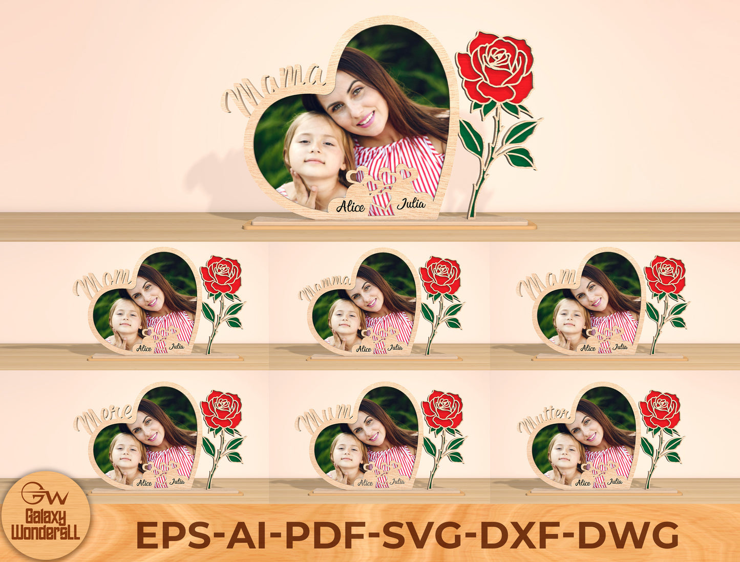Mama Heart Photo Frame Laser Cut File | Mom Gift | Floral Wooden Photo Stand | Glowforge, xTool, LightBurn, etc.