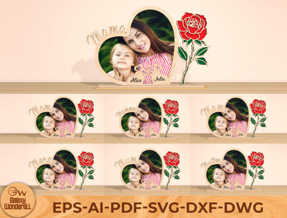Mama Heart Photo Frame Laser Cut File | Mom Gift | Floral Wooden Photo Stand | Glowforge, xTool, LightBurn, etc.