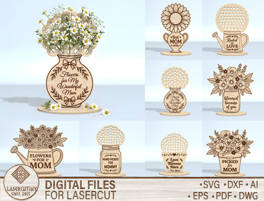 Mother's Day Flower Holder SVG Bundle Freestanding Floral Laser Cut File for LightBurn and xTool