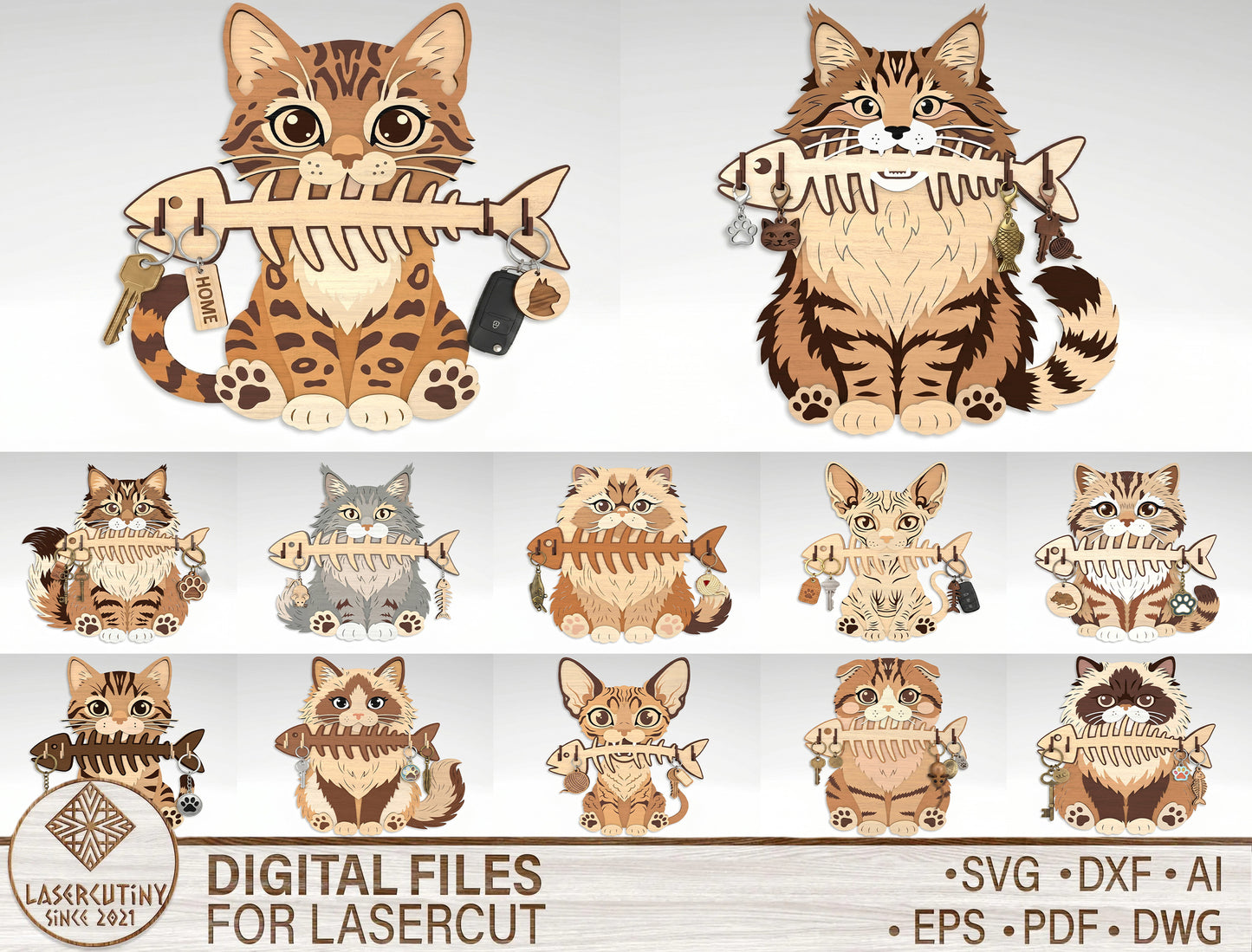 Cat Breed Key Holder SVG Bundle for xTool and Glowforge