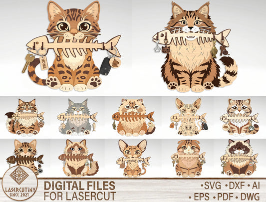 Cat Breed Key Holder SVG Bundle for xTool and Glowforge