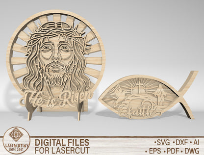 He Is Risen Jesus Faith Ichthys Multilayer SVG Bundle for Glowforge and xTool