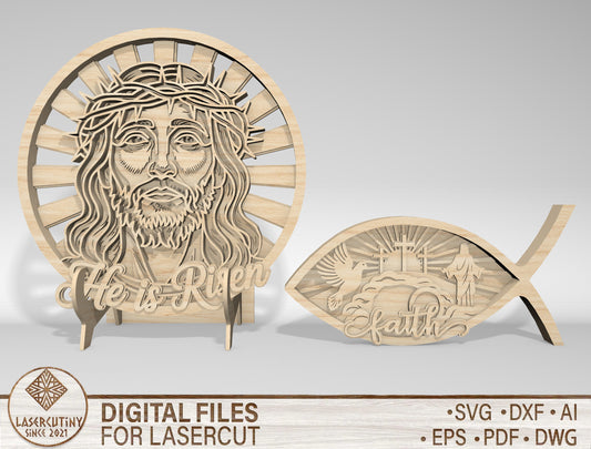 He Is Risen Jesus Faith Ichthys Multilayer SVG Bundle for Glowforge and xTool