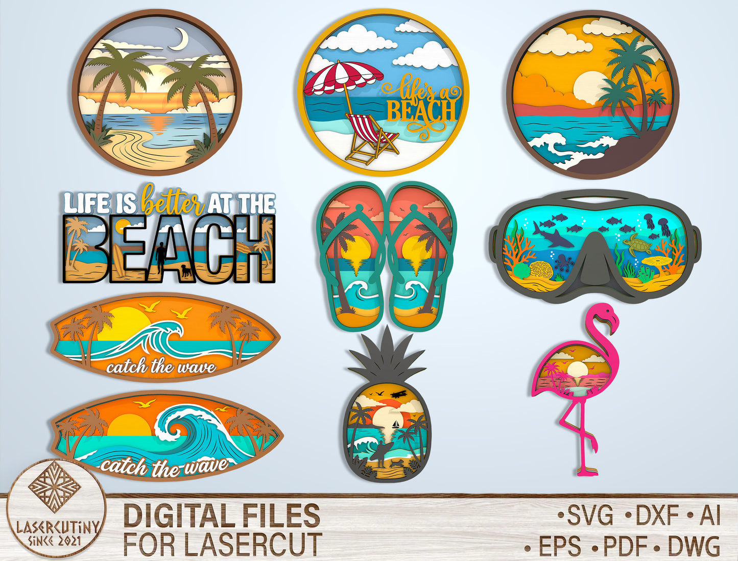 Multilayer Beach Summer SVG Bundle Laser Cut File for Glowforge