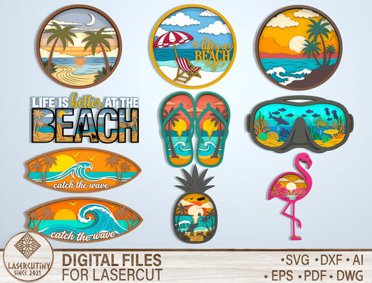 Multilayer Beach Summer SVG Bundle Laser Cut File for Glowforge