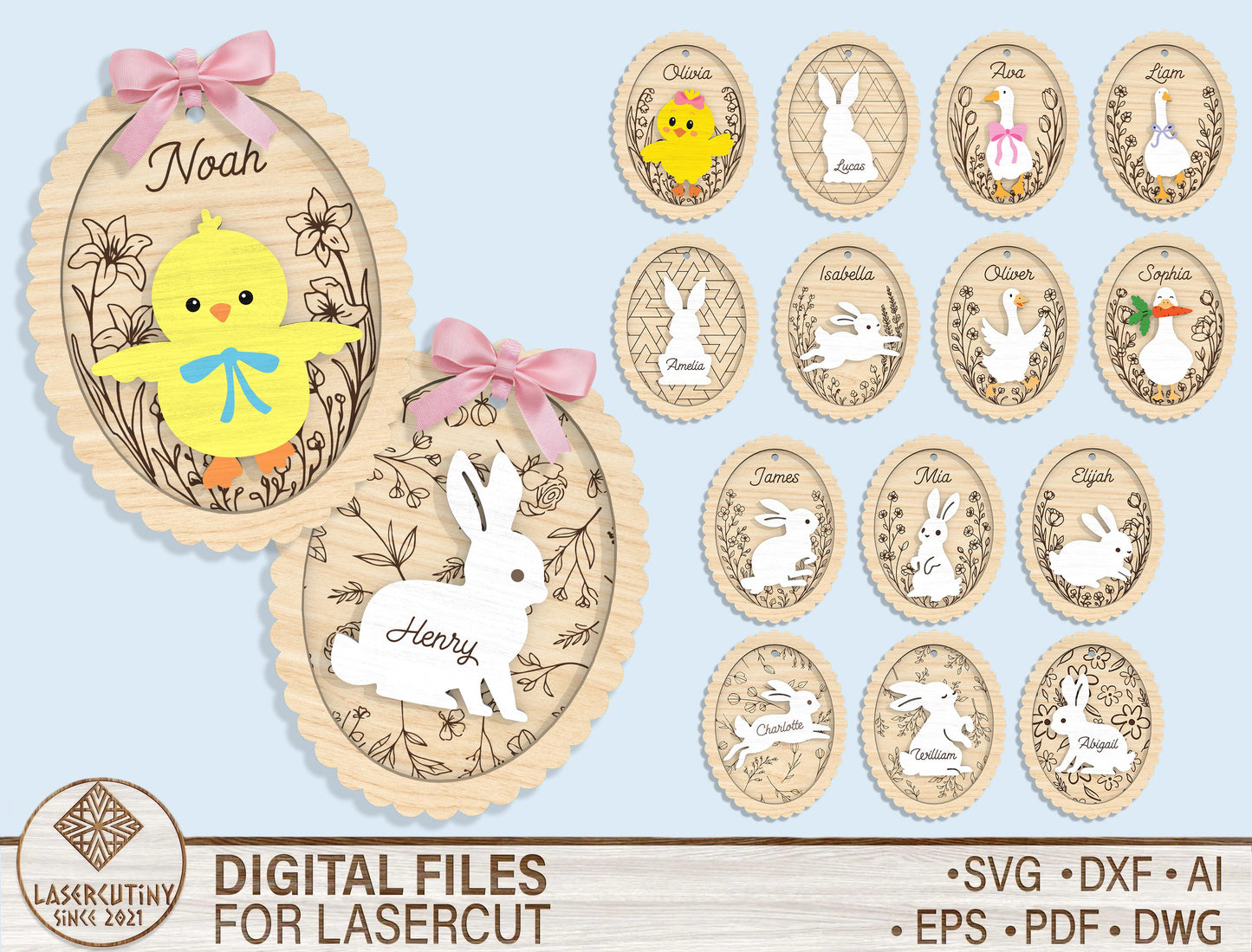 Personalized Bunny Chick Ornament SVG Bundle 16 Designs for Glowforge