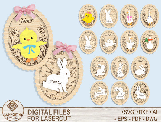 Personalized Bunny Chick Ornament SVG Bundle 16 Designs for Glowforge