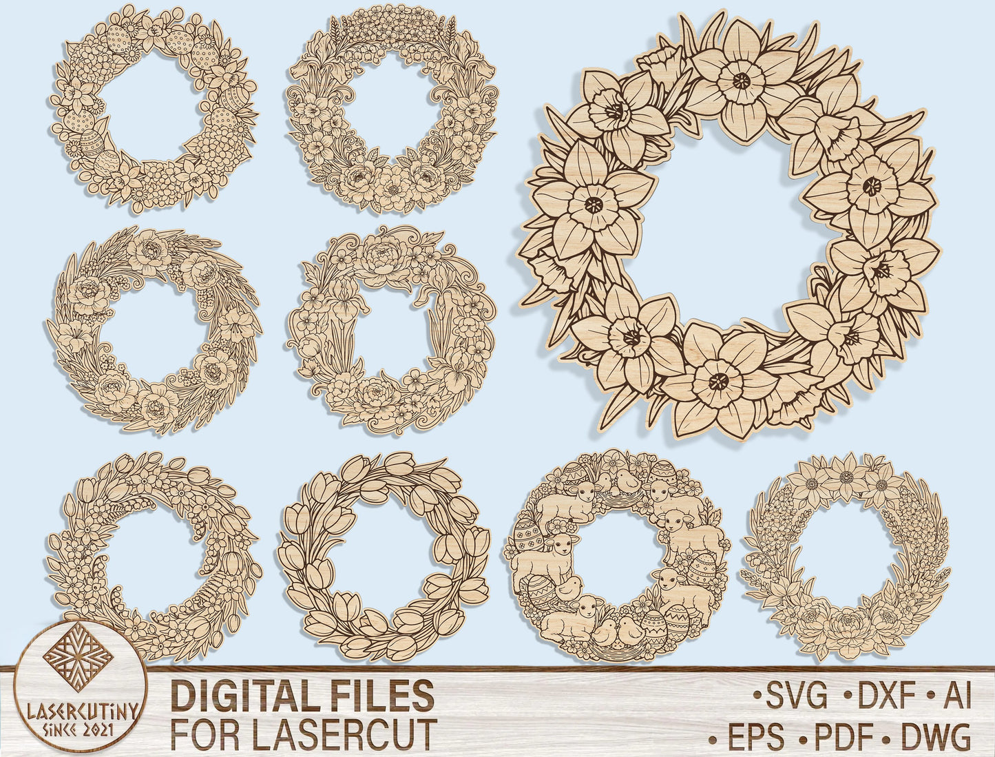 Floral Wreath Door Sign SVG Bundle Spring for LightBurn and xTool