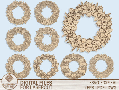Floral Wreath Door Sign SVG Bundle Spring for LightBurn and xTool