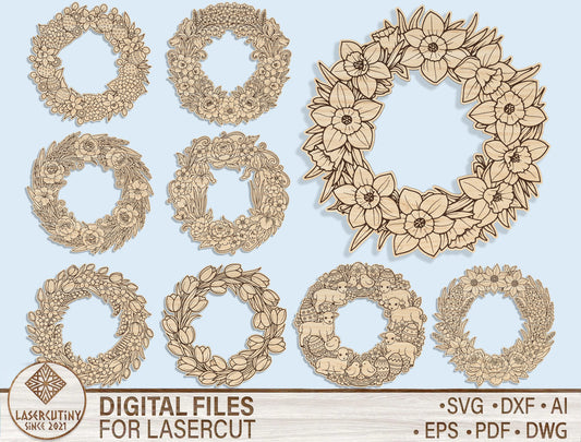 Floral Wreath Door Sign SVG Bundle Spring for LightBurn and xTool