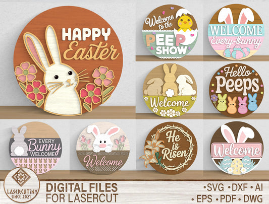 Bunny Welcome Sign Laser Cut File SVG – Ready to Cut – 9 Designs – Glowforge, xTool, LightBurn, etc.