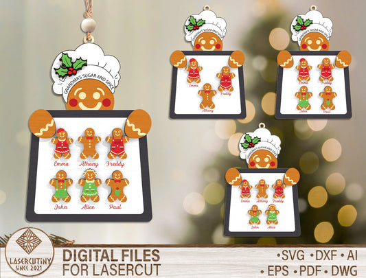Personalized Gingerbread Family Ornament Laser Cut File | Ready to Cut | Glowforge, xTool, LightBurn, etc.
