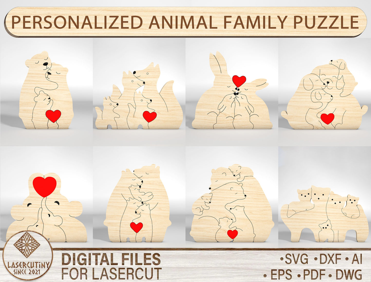 Personalized Animal Family Puzzle SVG for Glowforge and xTool