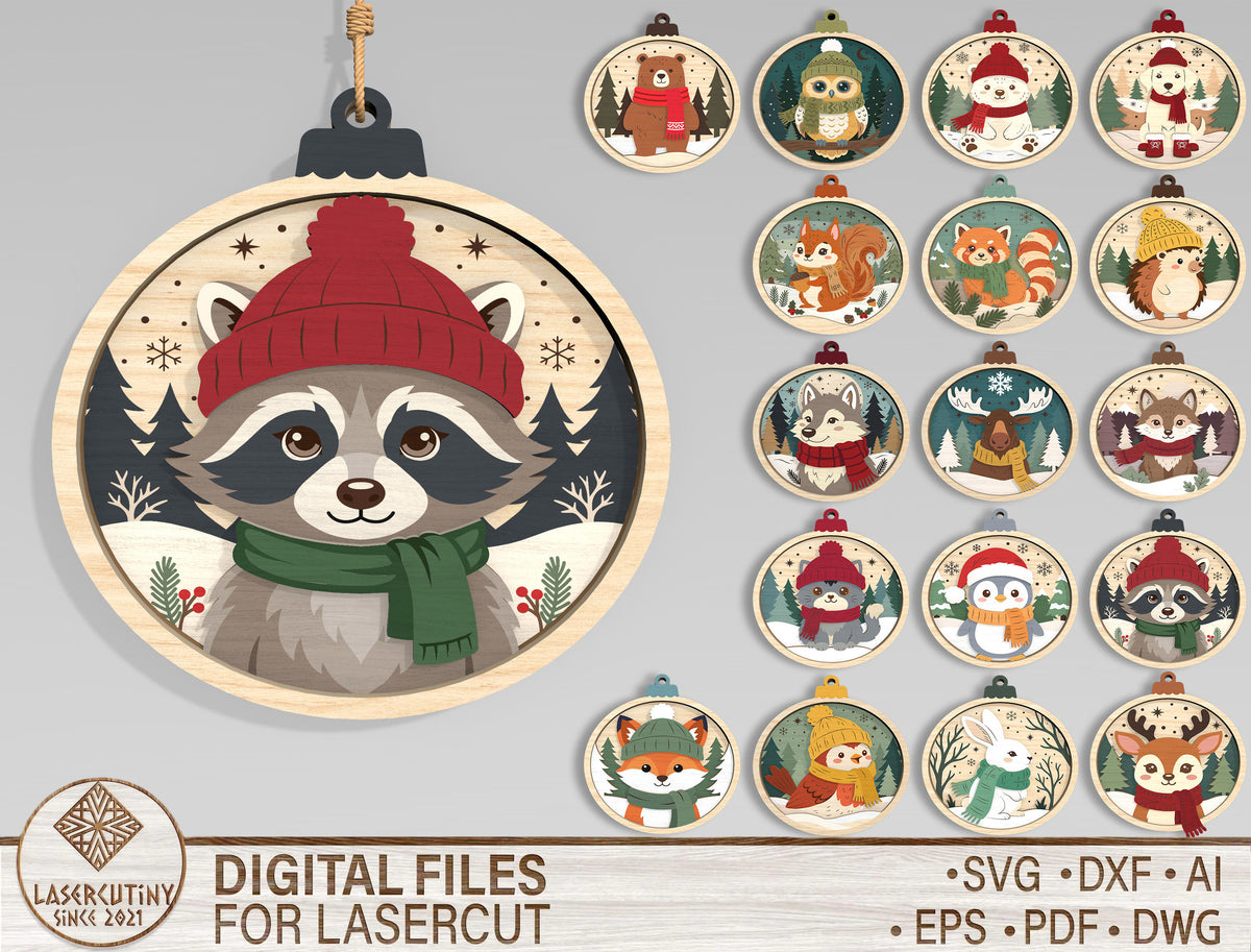 Christmas Woodland Animal Ornament SVG Bundle Laser Cut Files