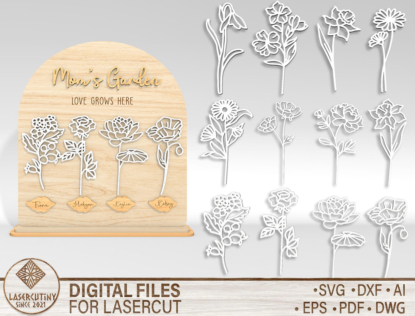 Personalized Mom Garden Flower Holder SVG Birth Month Flowers Laser Cut File for xTool and LightBurn