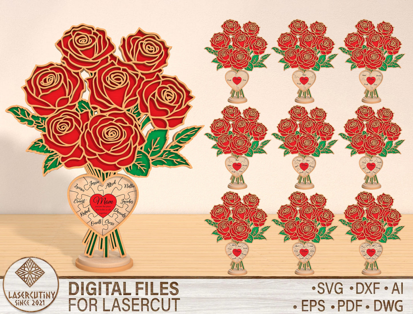 Personalized Rose Bouquet Flower Holder SVG Laser Cut File for xTool and Glowforge