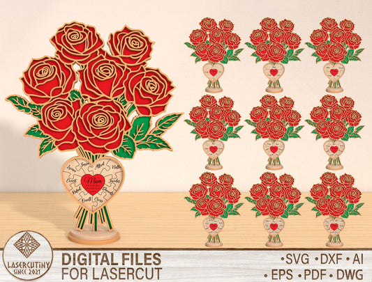 Personalized Rose Bouquet Flower Holder SVG Laser Cut File for xTool and Glowforge