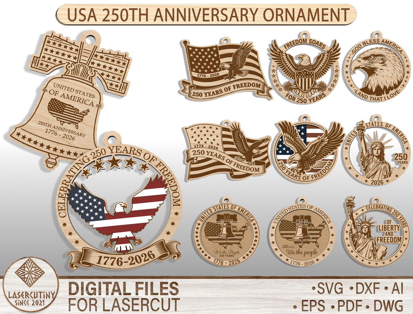 USA 250th Anniversary Ornament SVG Bundle for Glowforge