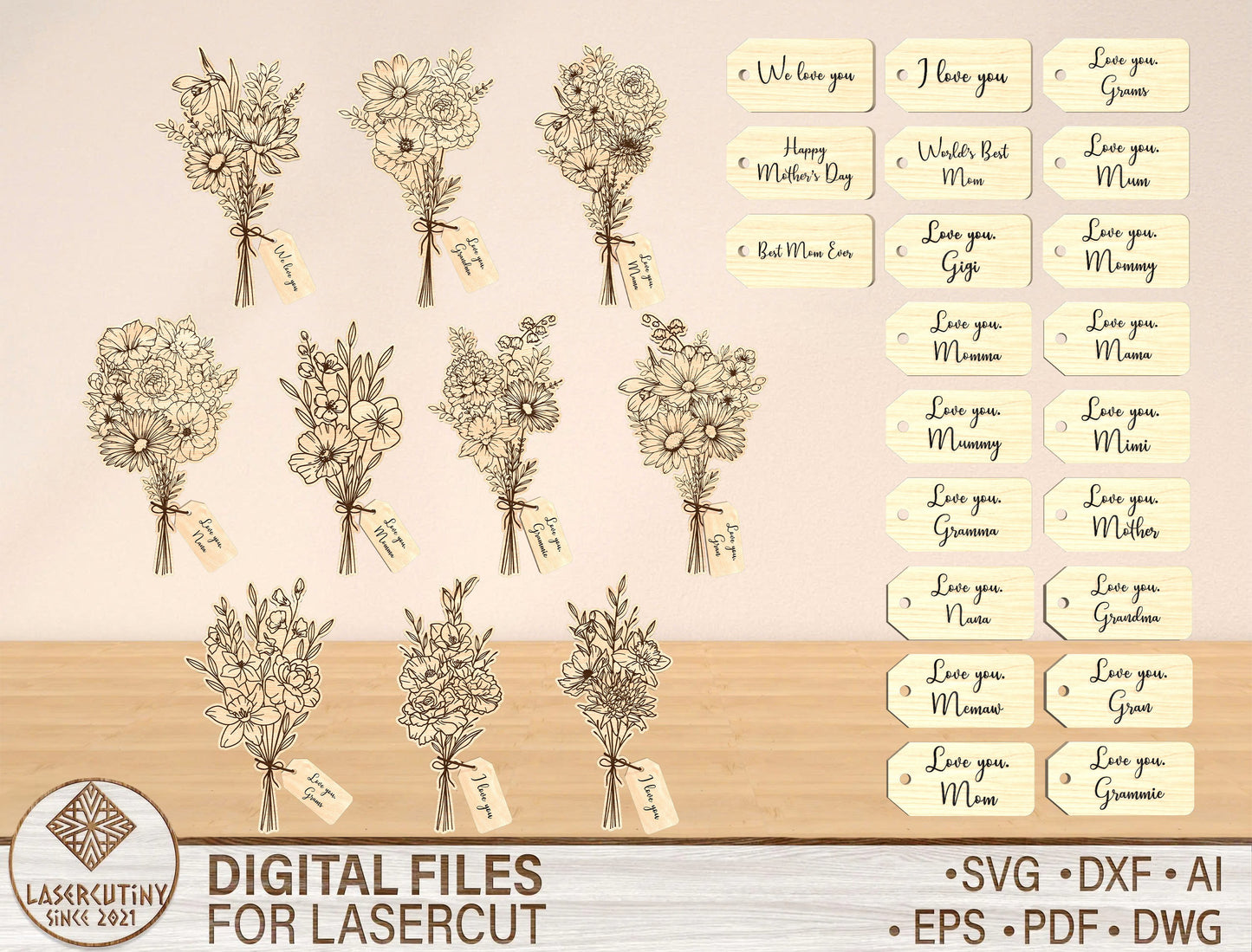 Flower Bouquet Sign SVG Bundle 10 Flowers 21 Tags for Glowforge and xTool