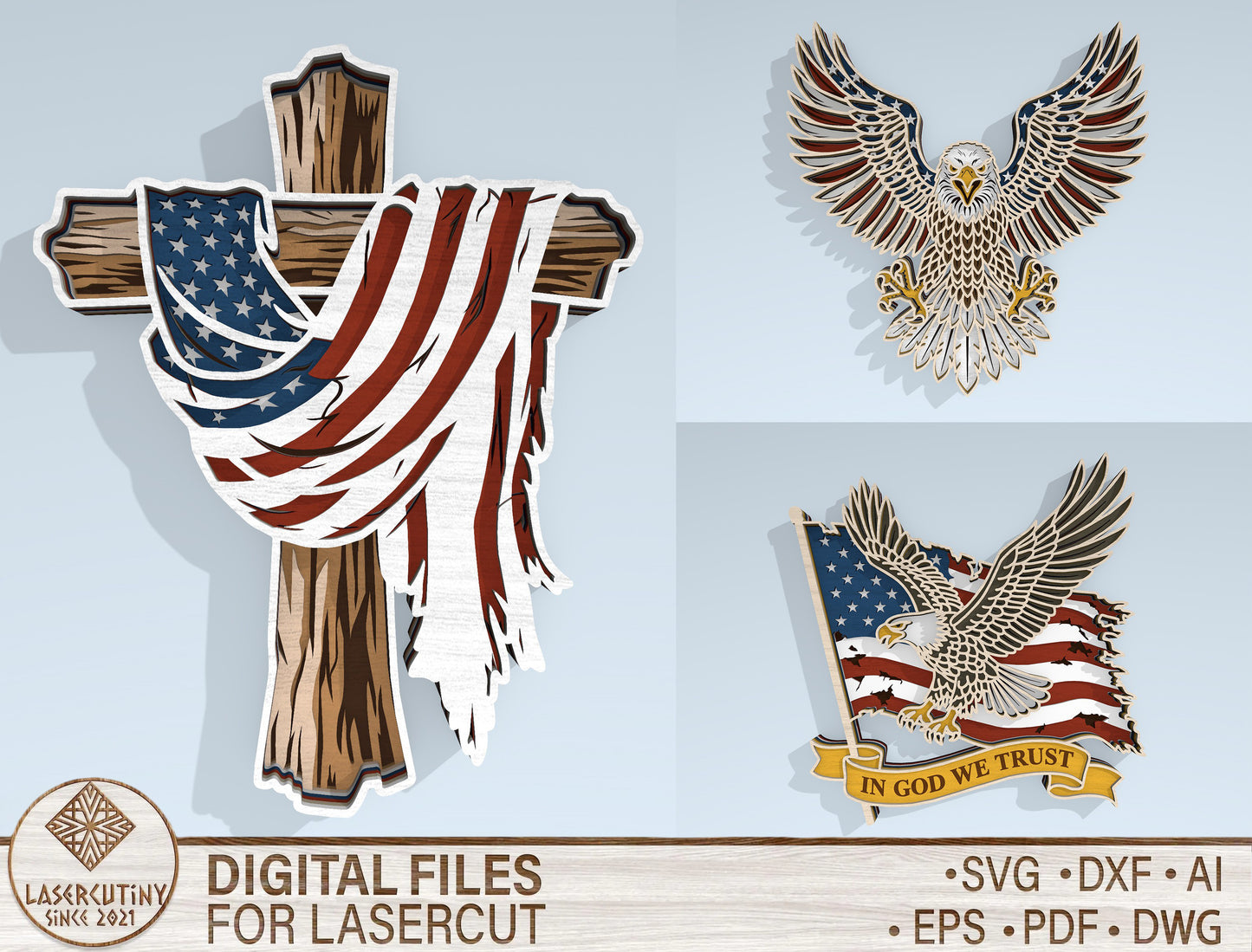 Patriotic Eagle and Cross Multilayer SVG Laser Cut File for Glowforge