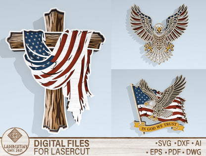 Patriotic Eagle and Cross Multilayer SVG Laser Cut File for Glowforge