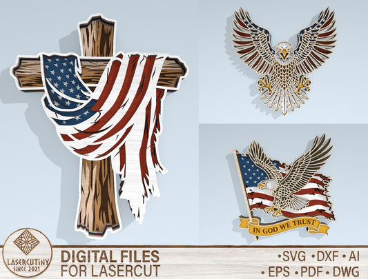 Patriotic Eagle and Cross Multilayer SVG Laser Cut File for Glowforge