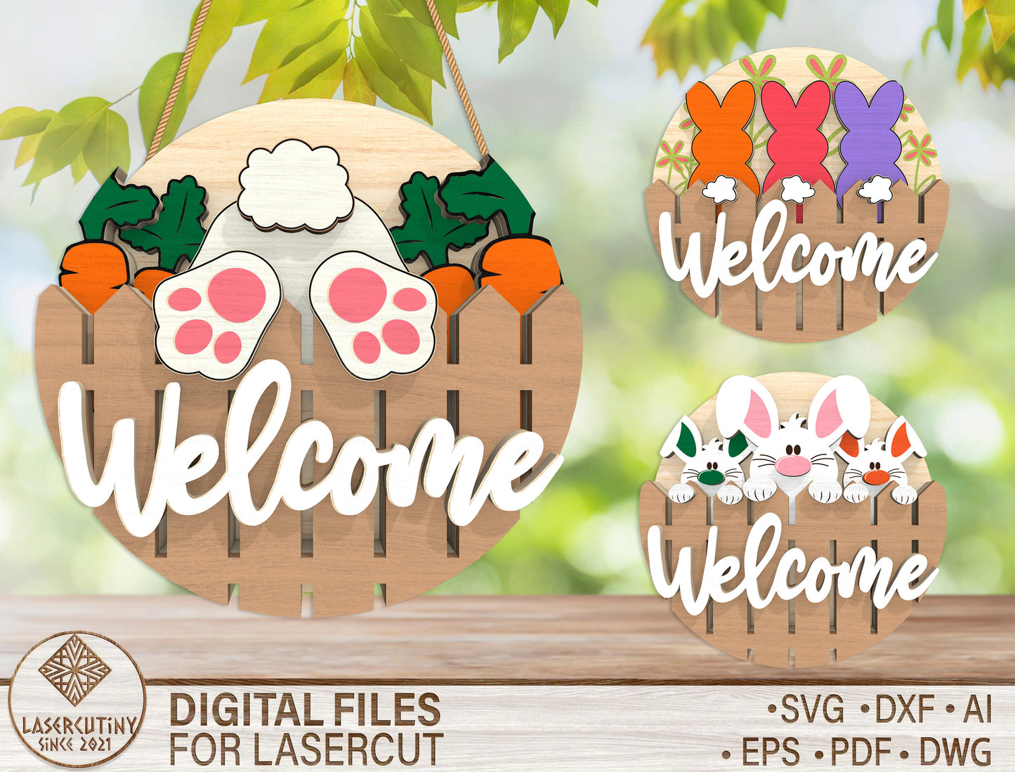 Easter Bunny Welcome Door Hanger SVG Layered Round 3 Designs for Glowforge