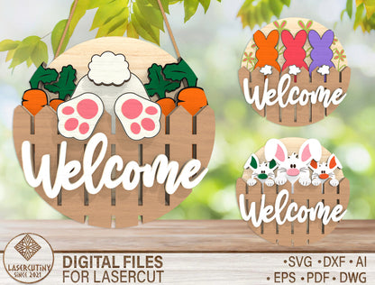 Easter Bunny Welcome Door Hanger SVG Layered Round 3 Designs for Glowforge