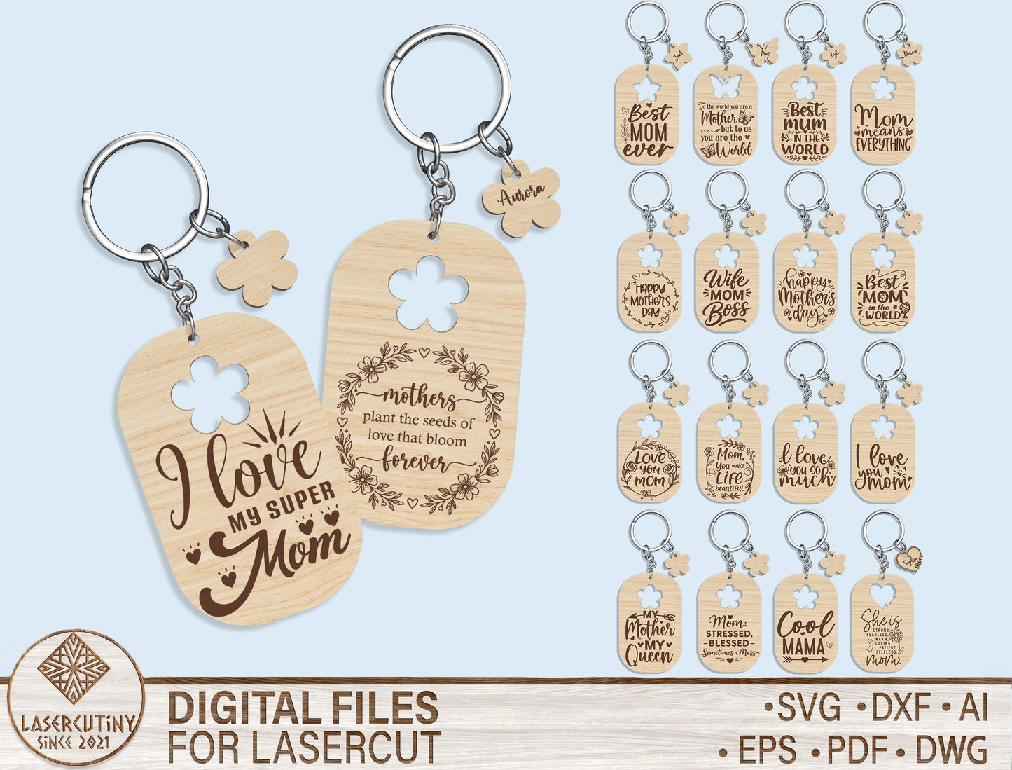 Mother's Day Mom Keychain SVG Bundle 18 Designs for LightBurn and xTool