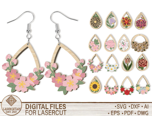 Floral Teardrop Earring SVG Bundle Spring Flower Jewelry Laser Cut File for xTool and Glowforge