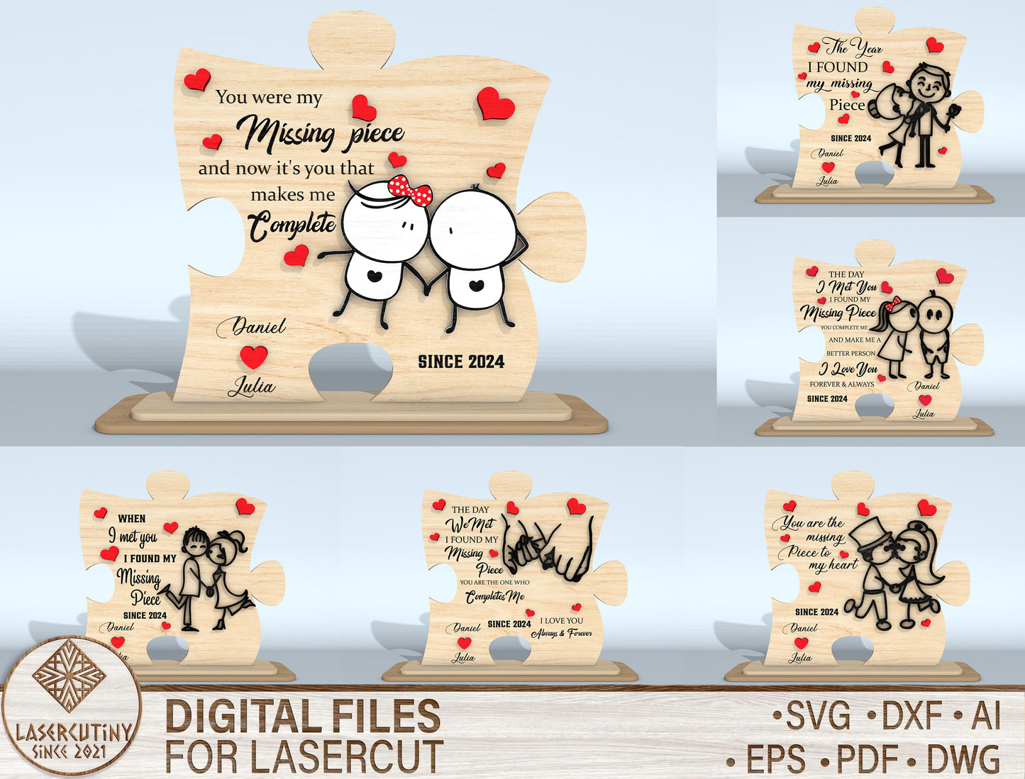 Personalized Puzzle Couple Plaque SVG Bundle Laser Cut File for Glowforge and xTool