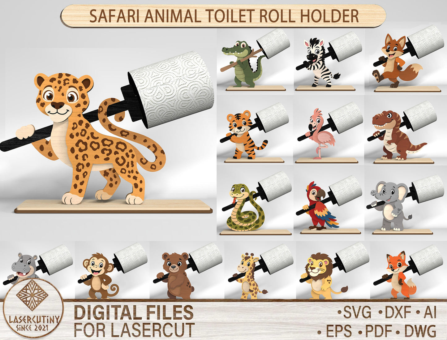 Safari Animal Toilet Roll Holder SVG Bundle for Glowforge and LightBurn