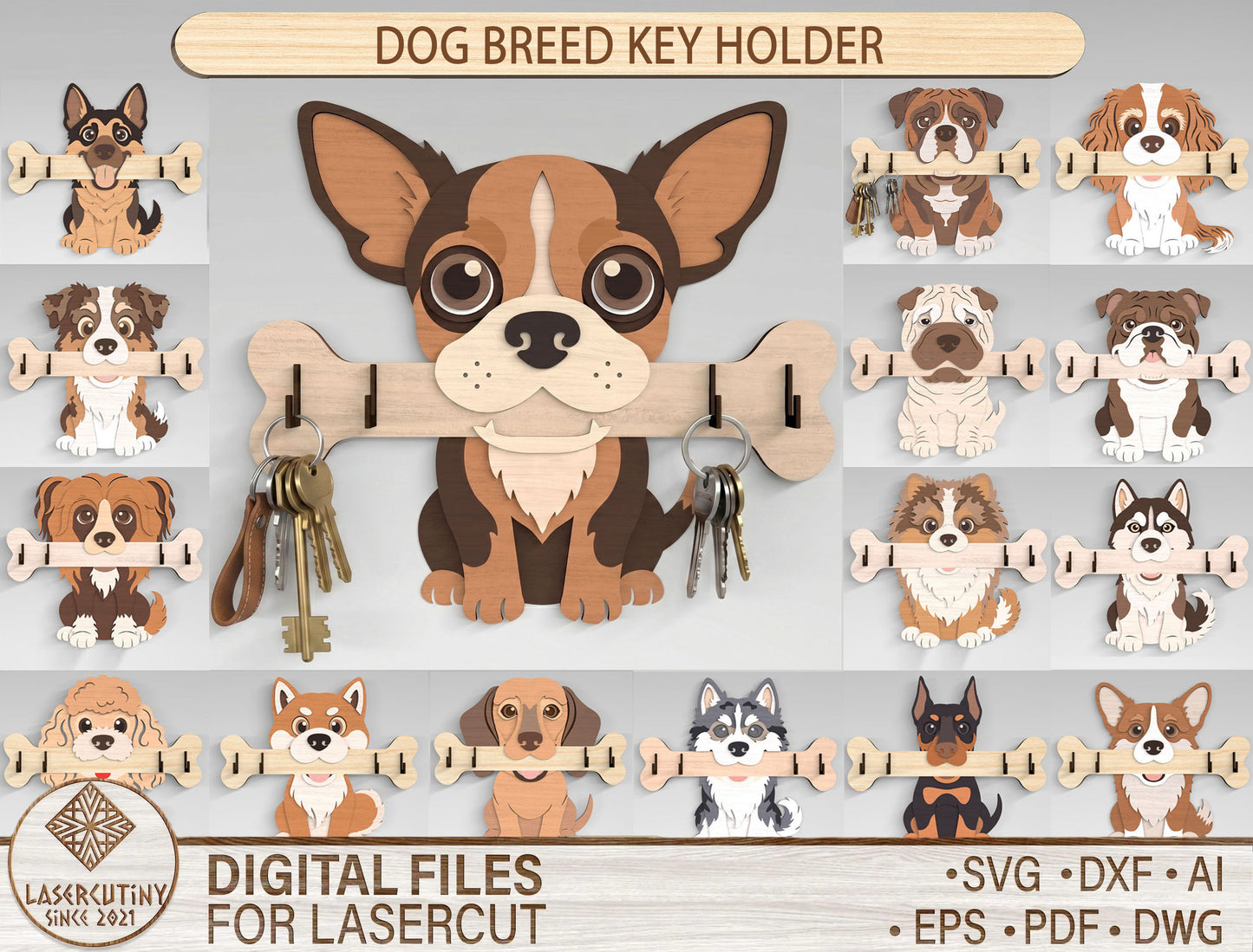 Dog Breed Key Holder SVG Bundle for Glowforge and LightBurn
