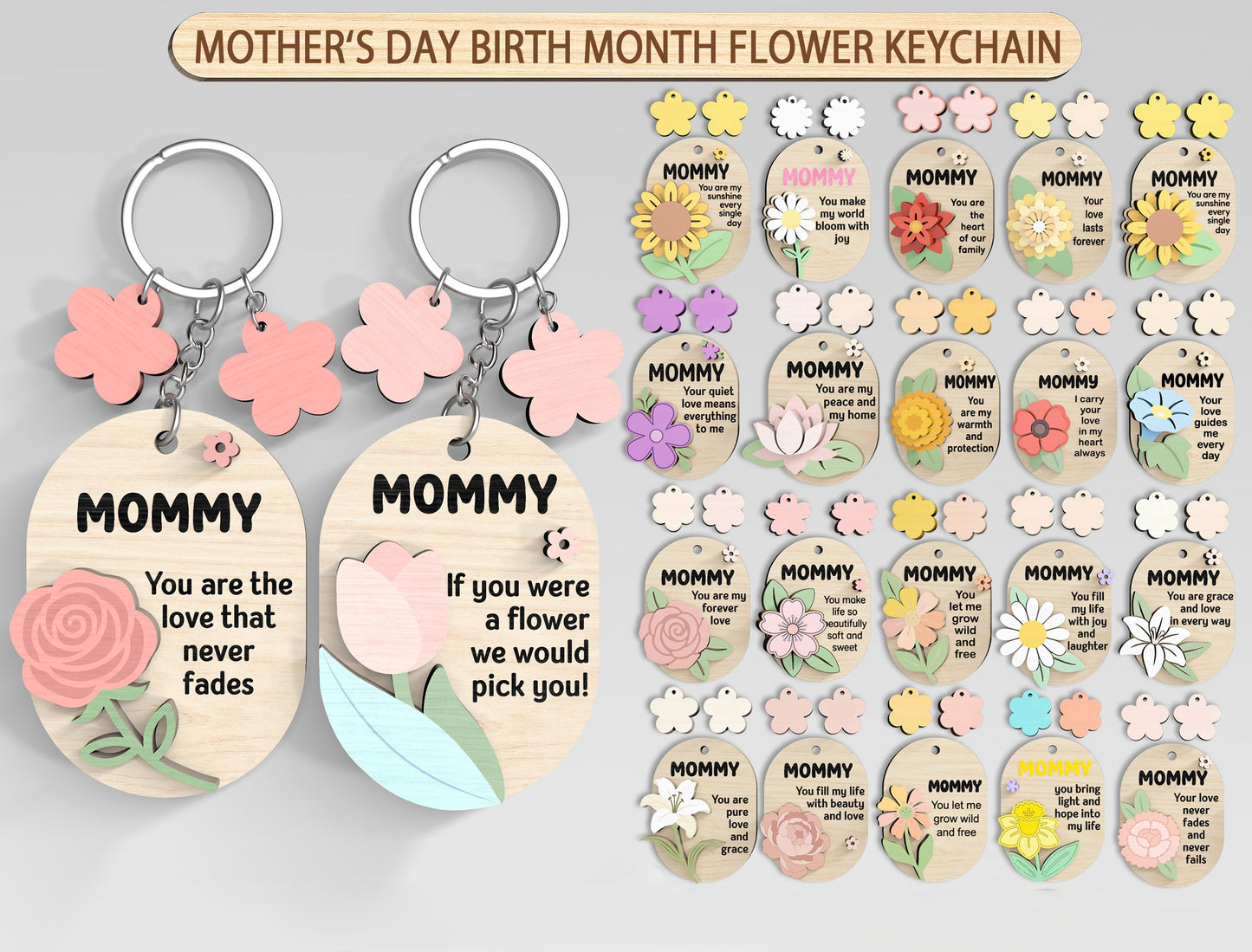 Birth Month Flower Mom Keychain SVG Bundle for Glowforge and xTool