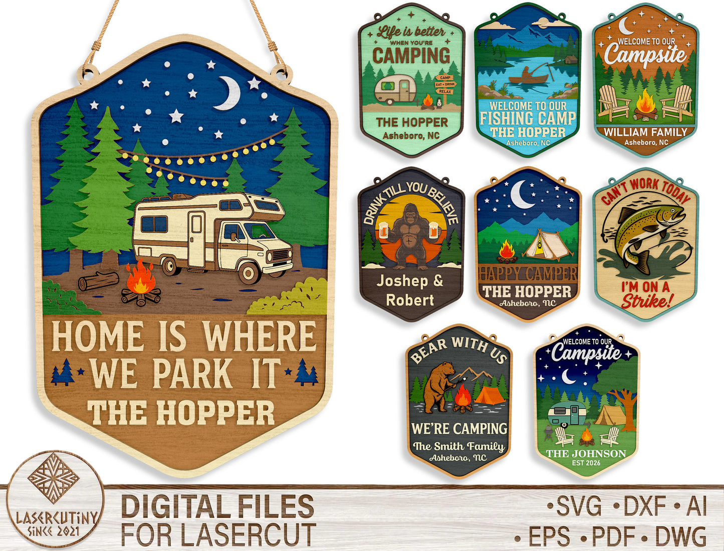 Camping Sign SVG Bundle “Home Is Where We Park It” for Glowforge