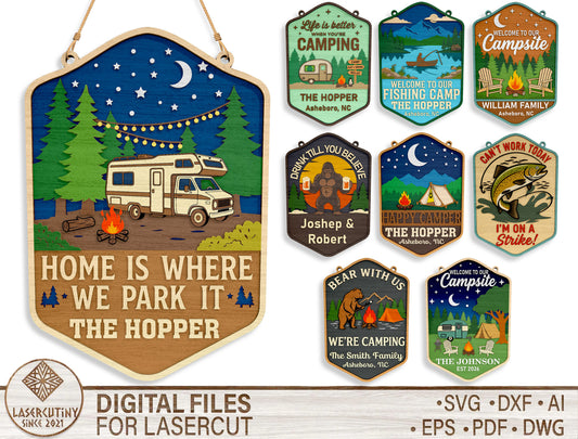 Camping Sign SVG Bundle “Home Is Where We Park It” for Glowforge