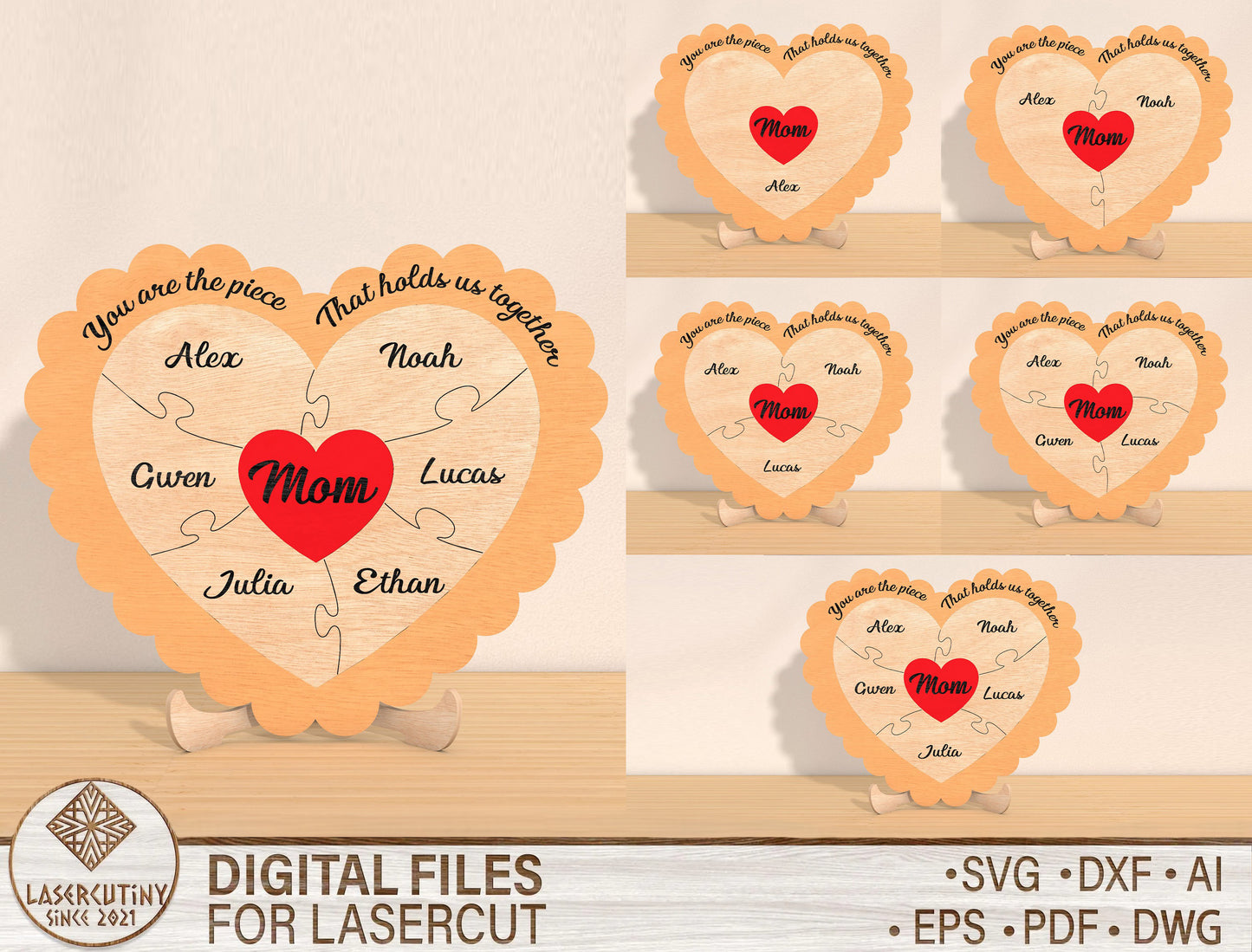 Personalized Mom Heart Sign SVG Bundle 6 Designs for xTool and LightBurn