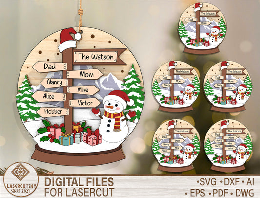 Personalized Christmas Family Snow Globe Sign Laser Cut File | Ready to Cut | Glowforge, xTool, LightBurn, etc.