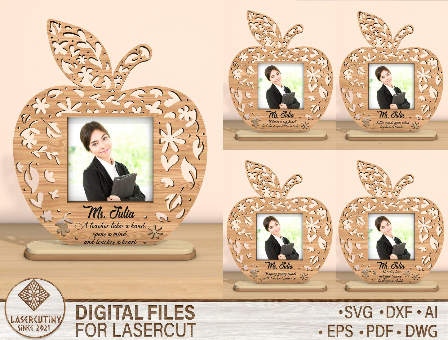 Personalized Teacher Apple Photo Frame SVG Bundle Laser Cut File for Glowforge and xTool