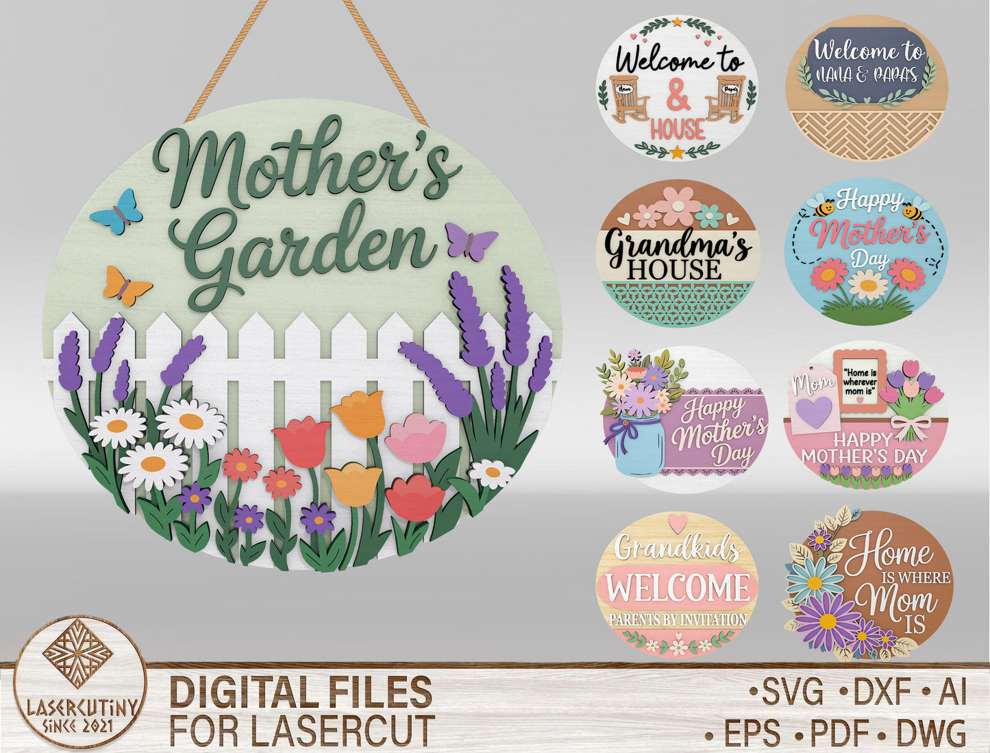 Mother's Garden Floral Welcome Door Sign SVG Bundle for LightBurn