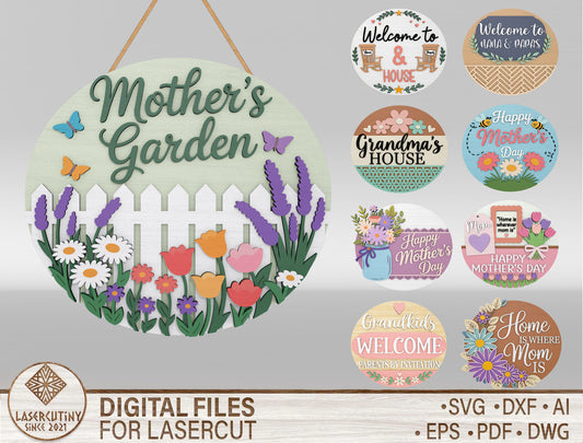 Mother's Garden Floral Welcome Door Sign SVG Bundle for LightBurn